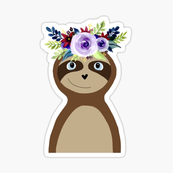 Cute Sloth Doodle Cartoon with Watercolor Flower Wreath Sticker