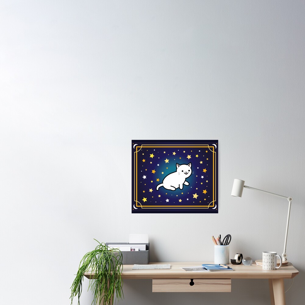 Cute Kawaii White Cat with Moon and Star Frame, Galaxy background | Pet Mat