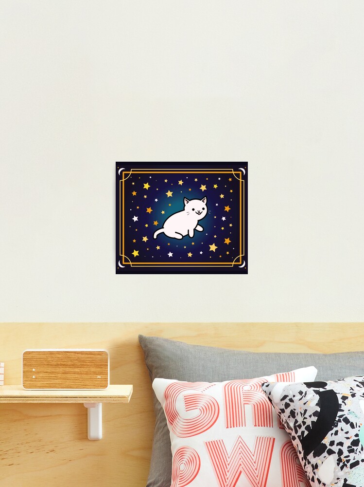 Cute Kawaii White Cat with Moon and Star Frame, Galaxy background | Pet Mat