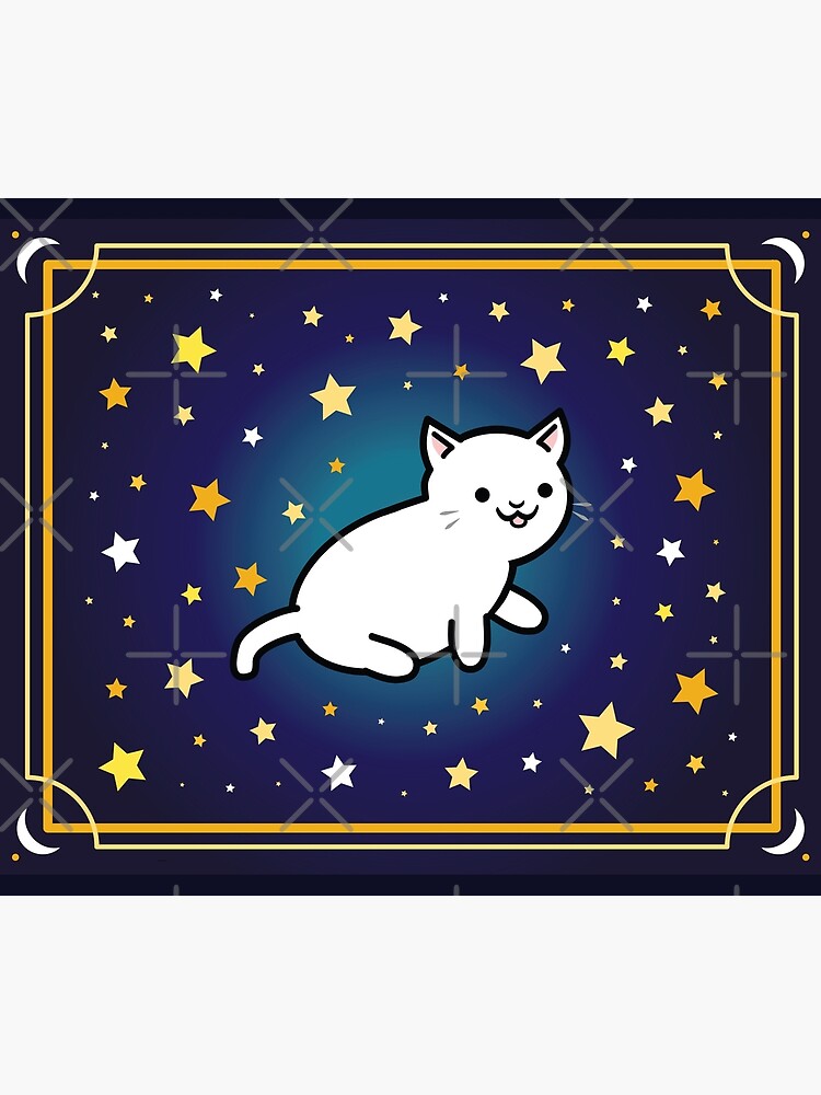 Cute Kawaii White Cat with Moon and Star Frame, Galaxy background | Pet Mat