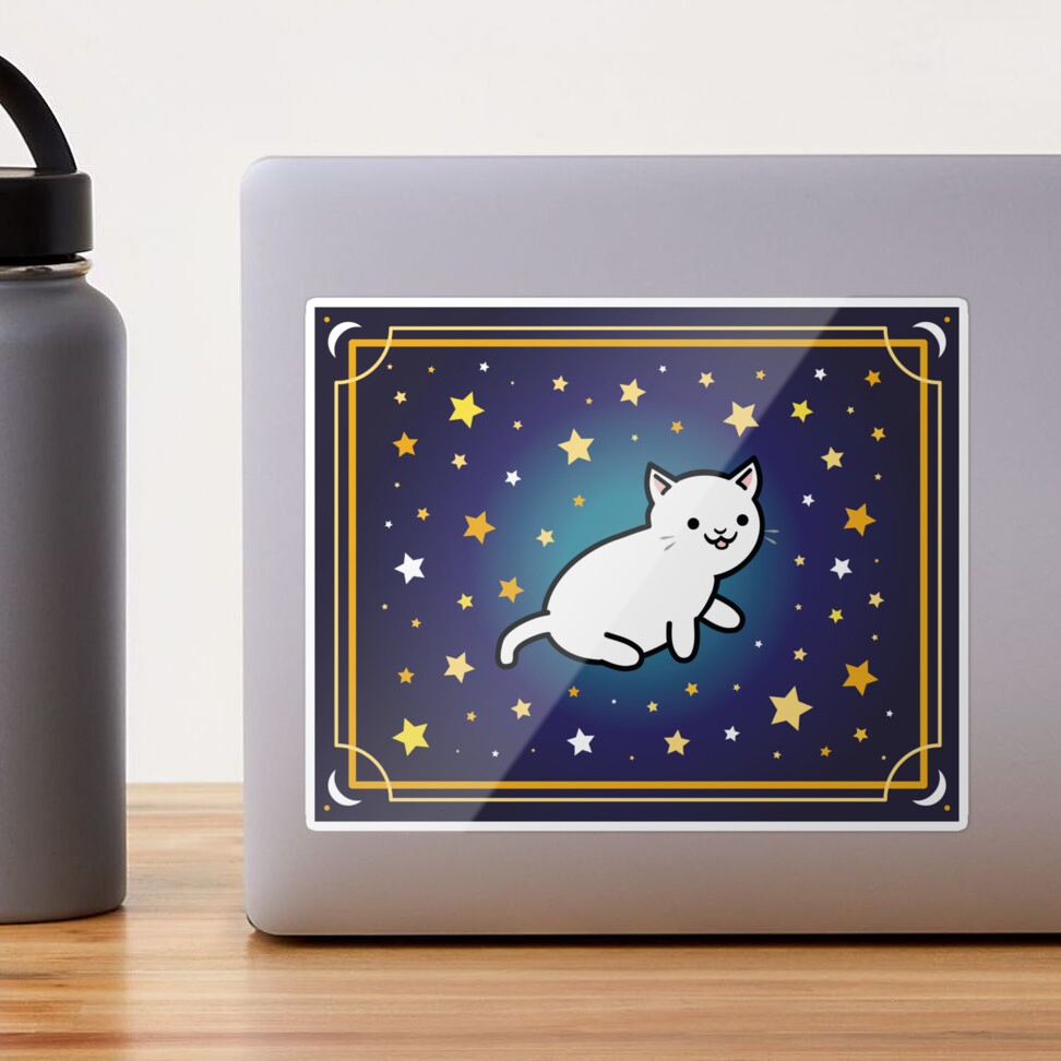 Cute Kawaii White Cat with Moon and Star Frame, Galaxy background | Pet Mat