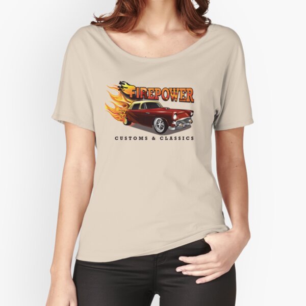 FIREPOWER CUSTOMS AND CLASSICS Flaming Custom T-Bird Official Brand Design Relaxed Fit T-Shirt