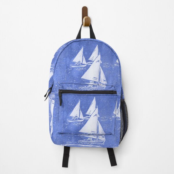 Item preview, Lino cut print in blue of Seabird sailing boats off Ravenspoint, Trearddur Bay, Anglesey, in North Wales designed and sold by LymphomaLass.