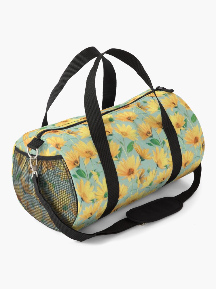 Alternate view of Painted Golden Yellow Daisies on soft sage green Duffle Bag