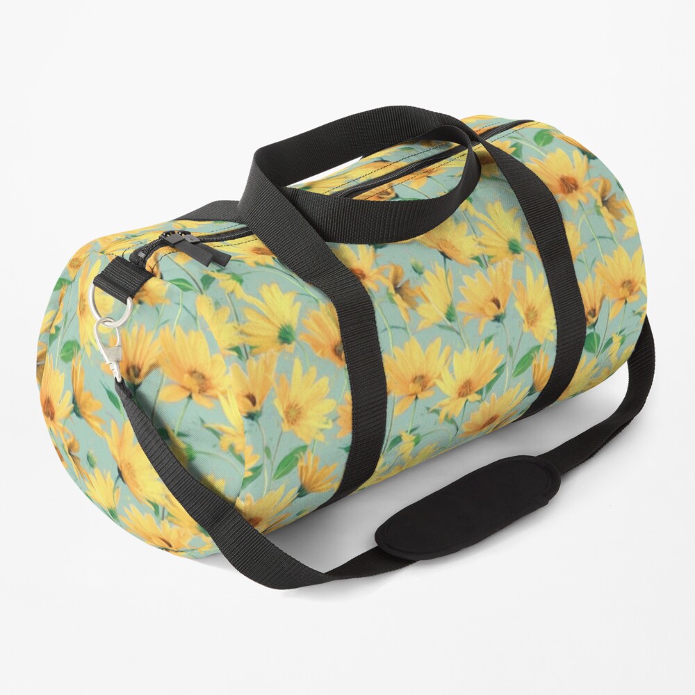 Painted Golden Yellow Daisies on soft sage green Duffle Bag
