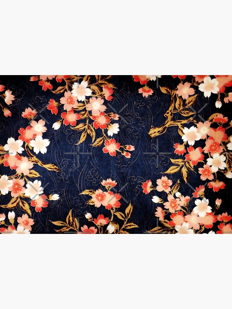 PINK RED WHITE SPRING FLOWERS IN DEEP BLUE Japanese Floral by BulganLumini