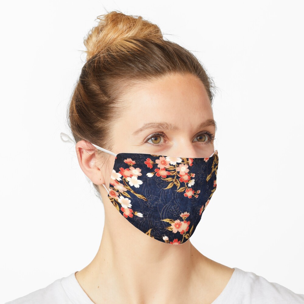 PINK RED WHITE SPRING FLOWERS IN DEEP BLUE Japanese Floral Mask