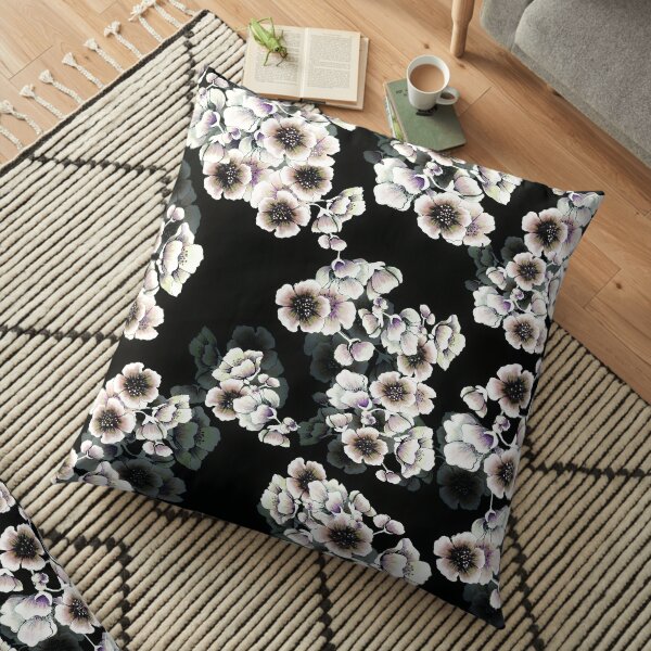 Cherry Blossoms Floral Print on Black Floor Pillow
