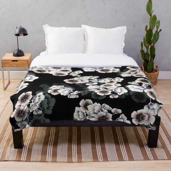 Cherry Blossoms Floral Print on Black Throw Blanket