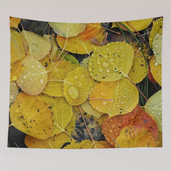 Item preview, Water droplets on autumn aspen leaves designed and sold by Lori Funk.