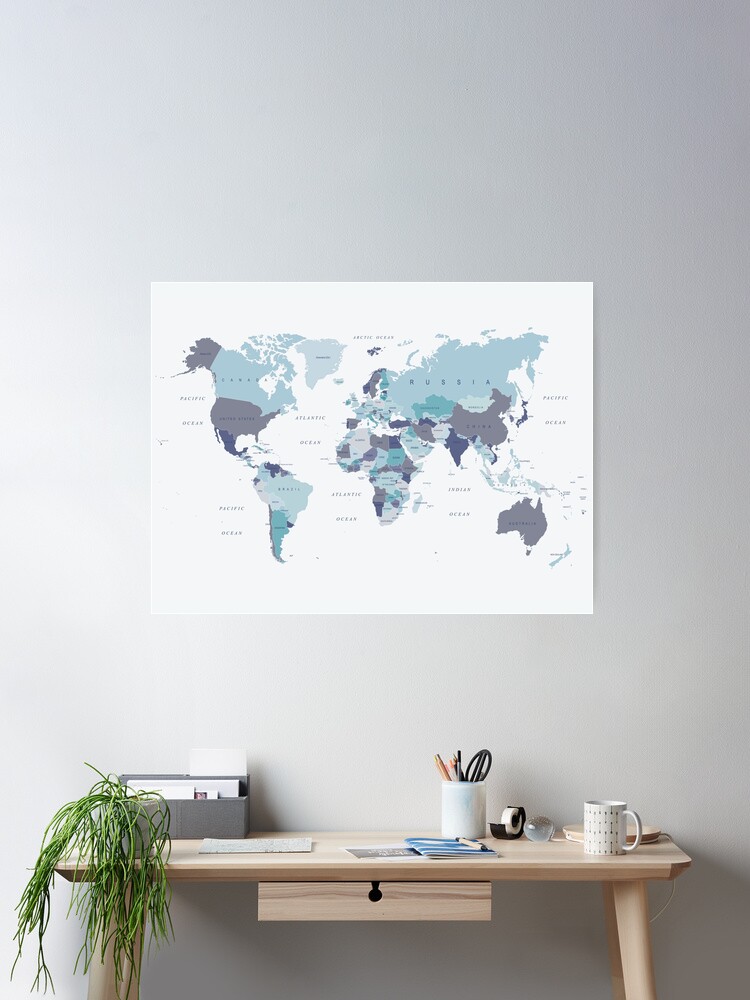 Thumbnail 2 of 3, Poster, World Map in Blue designed and sold by UrbanEpiphany.