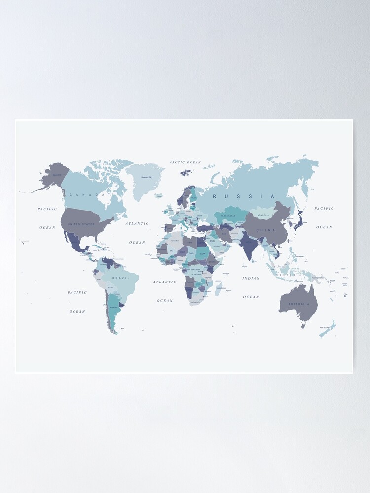 Thumbnail 1 of 3, Poster, World Map in Blue designed and sold by UrbanEpiphany.