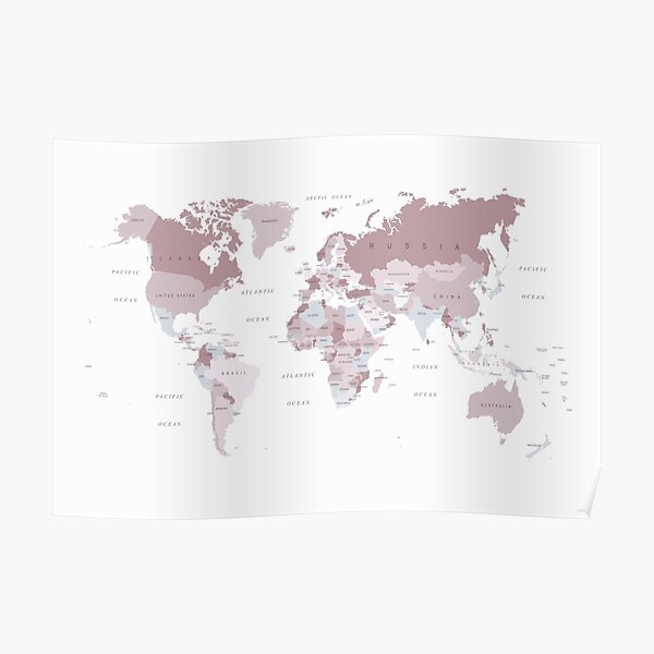 World Map in blush pink and grey Poster