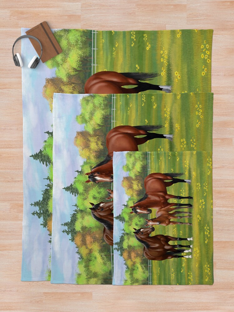 "Brown Bay Quarter Horses In Summer Pasture" Throw Blanket for Sale by