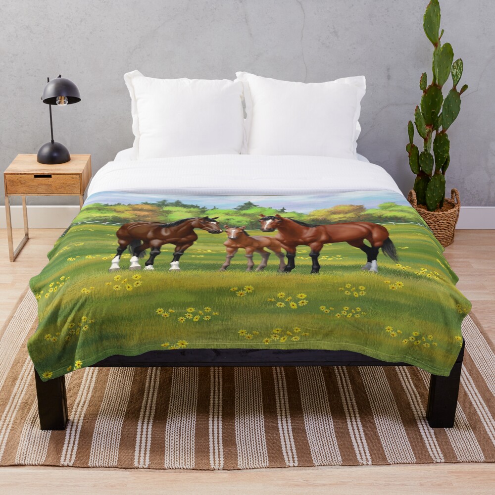"Brown Bay Quarter Horses In Summer Pasture" Throw Blanket for Sale by