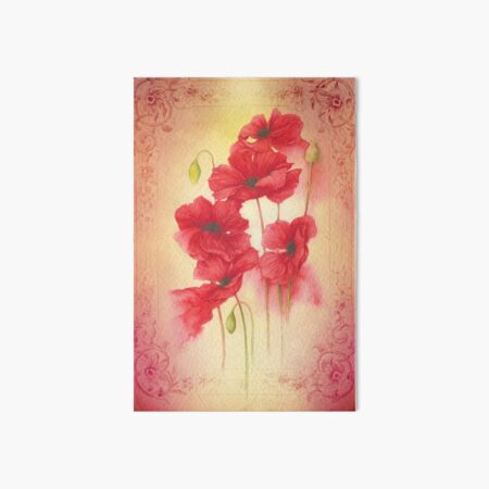 Botanical print, on old book page - poppies Art Board Print