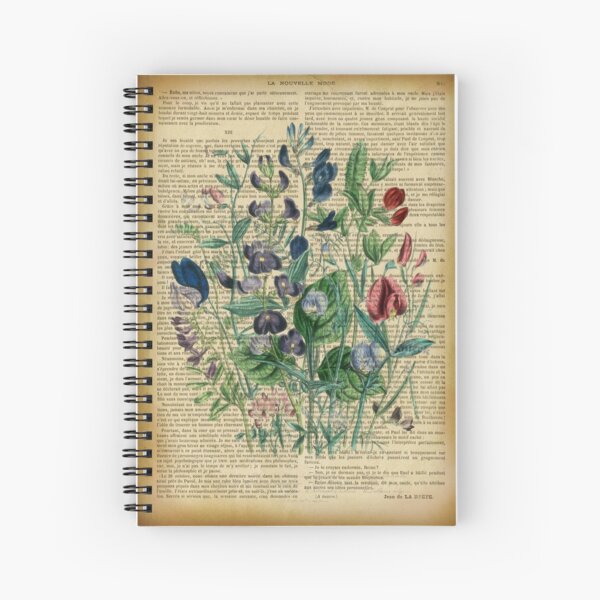 Botanical print, on old book page - garden flowers peas Spiral Notebook