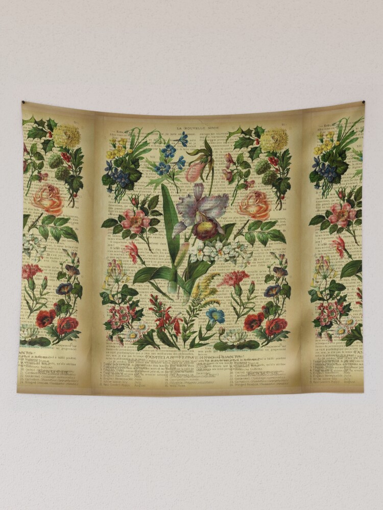 Botanical print, on old book page - garden flowers Tapestry for Sale by  Art Dream Studio