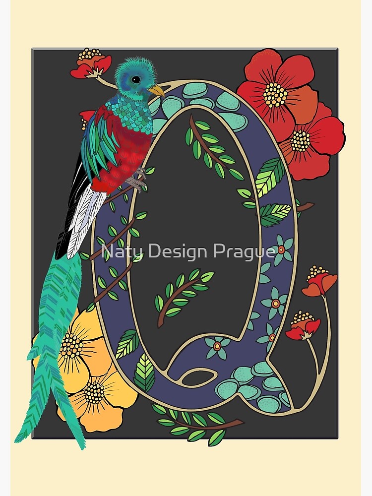 "Quetzal bird, alphabet letter Q, art nouveau style animal alphabet