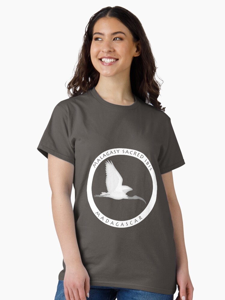 Thumbnail 1 of 7, Classic T-Shirt, Malagasy sacred ibis Madagascar wildlife - white print designed and sold by 12images.