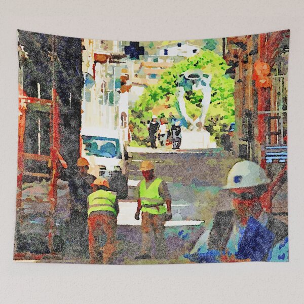 Item preview, L'Aquila: building with scaffoldings and workers designed and sold by Giuseppe Cocco.