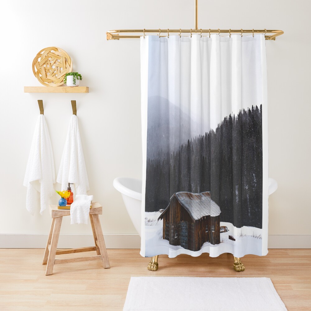 "Snowy Mountain Log Cabin " Shower Curtain by DrewShaffer Redbubble