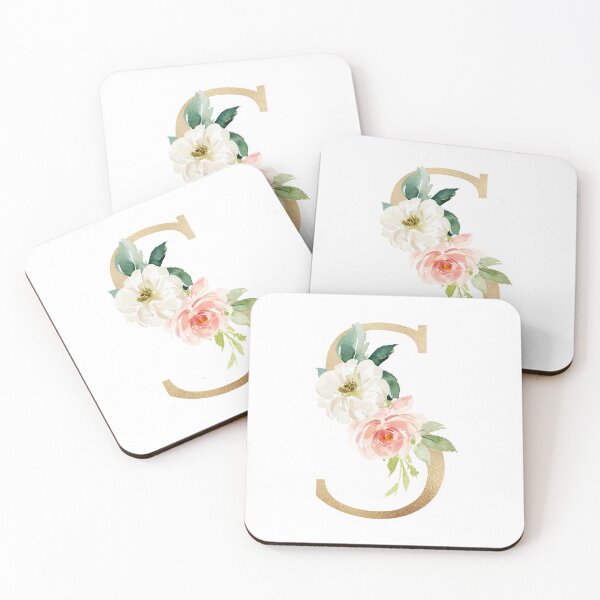 Item preview, Monogram letter S - Faux gold foil and pink and white flowers and green leaves designed and sold by Citronelladesig.