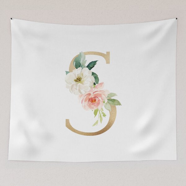 Item preview, Monogram letter S - Faux gold foil and pink and white flowers and green leaves designed and sold by Citronelladesig.