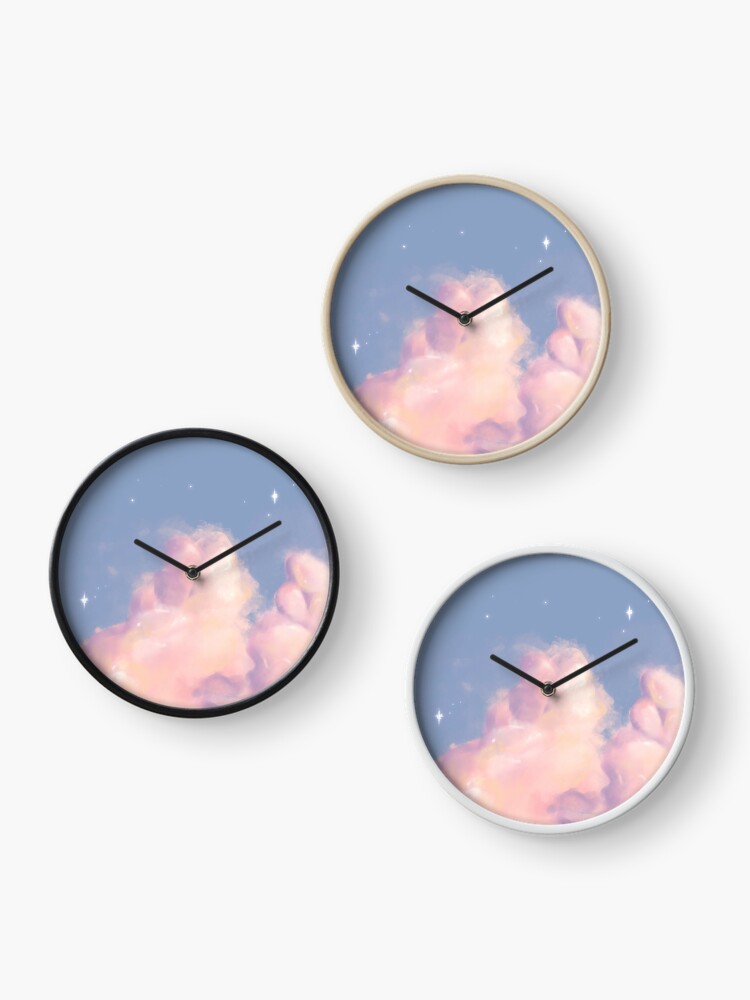 soft aesthetic pink / orange clouds digital painting design. Clock for Sale  by Jenny Romeril