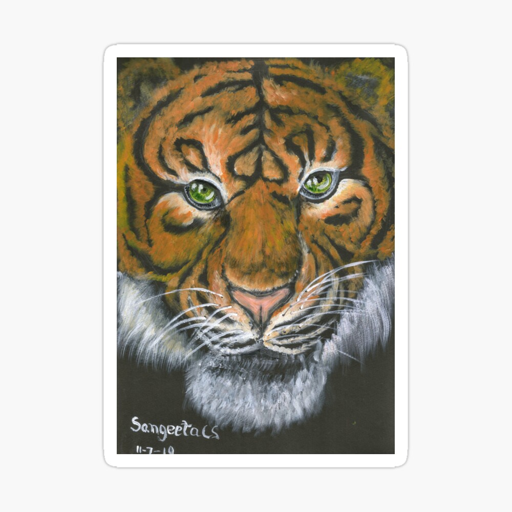Tigre with green eyes on black background acrylic painting design 