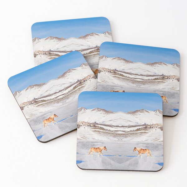 Item preview, Brown ponies in snowy plateau roaming on frozen cracked lake blue sky on background designed and sold by Flavio Vieri.