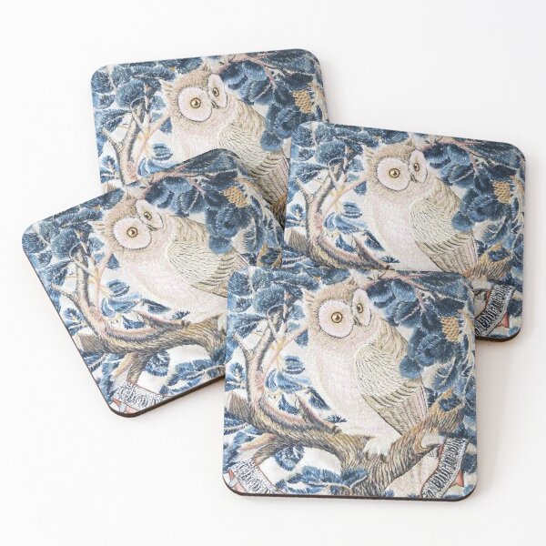 Item preview, SNOW OWL, LEAVES, PINECONES  Art Nouveau White Blue Floral designed and sold by BulganLumini.