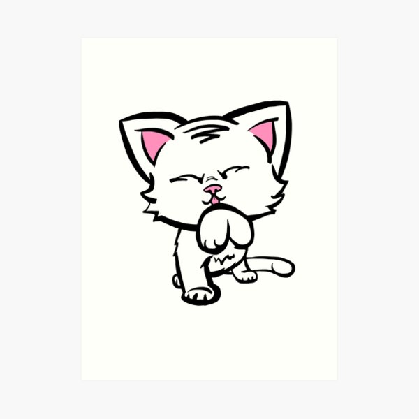 Kitten Cleaning (white) Art Print