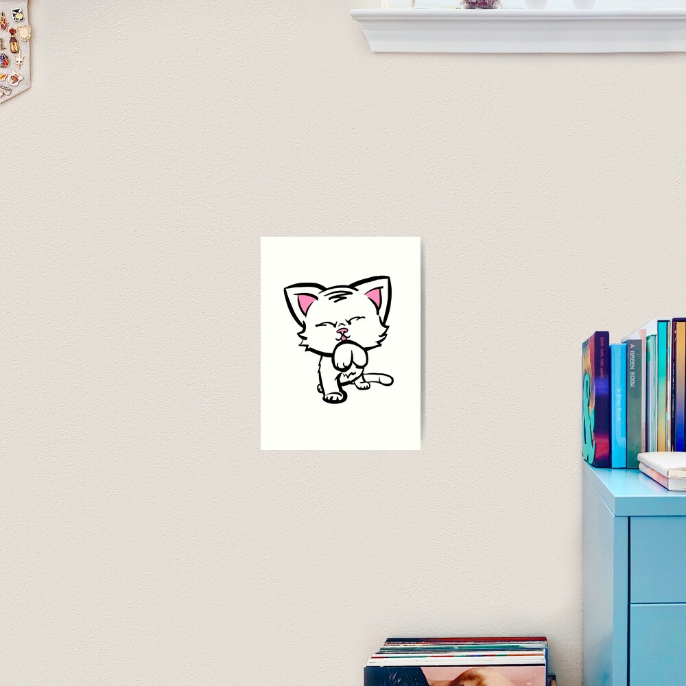 Kitten Cleaning (white) Art Print