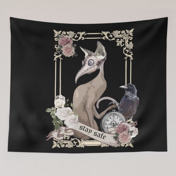 Item preview, Cat Plague Doctor Say stay safe, flowers, roses and raven designed and sold by Collagedream.