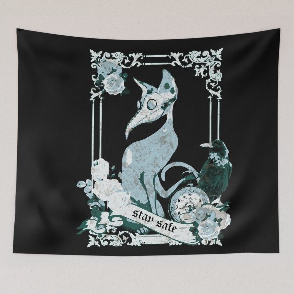 Item preview, Cat Plague Doctor Say stay safe, flowers, roses and raven, blue color designed and sold by Collagedream.