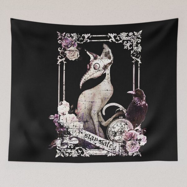 Item preview, Cat Plague Doctor Say stay safe, flowers, roses and raven, vintage syle designed and sold by Collagedream.