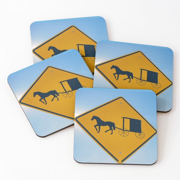 Item preview, Amish traditional horse and buggy road sign yellow on blue background designed and sold by Brian Scantlebury.