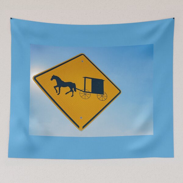 Item preview, Amish traditional horse and buggy road sign yellow on blue background designed and sold by Brian Scantlebury.