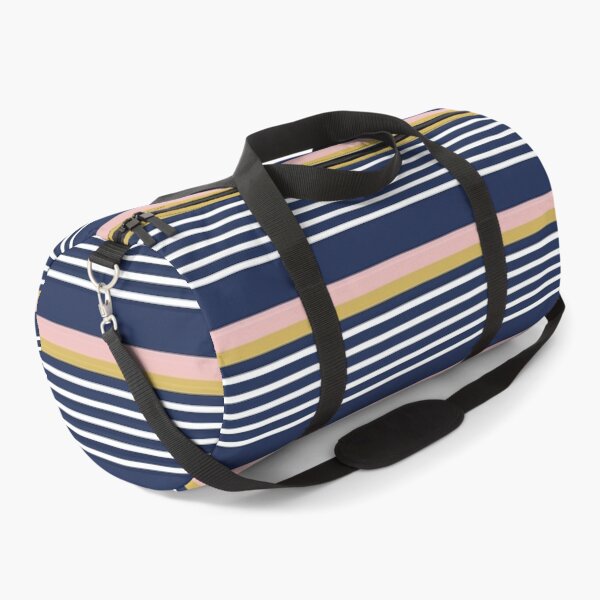Mixed Stripe Pattern in Navy Blue, Blush Pink, Mustard Yellow, and White Duffle Bag