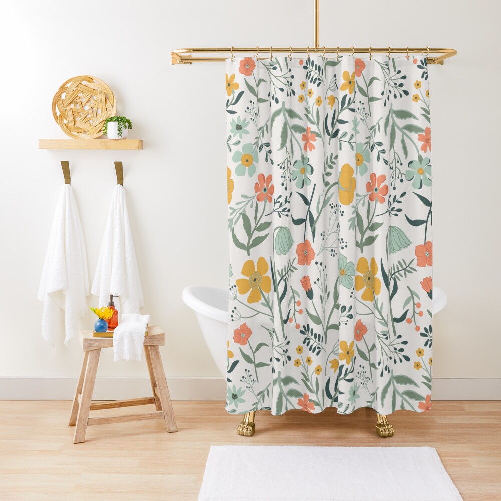 "Coral, Mustard, & Blue Botanical Garden Floral Print" Shower Curtain