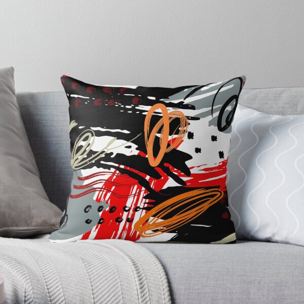 Black Red Gray and White Abstract Circular Art Design Throw Pillow
