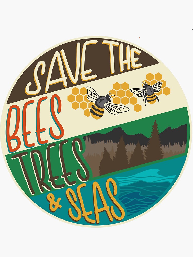 Thumbnail 3 of 3, Sticker, Save The Bees, Trees & Seas | Round Retro Image designed and sold by CarlosAlberto.