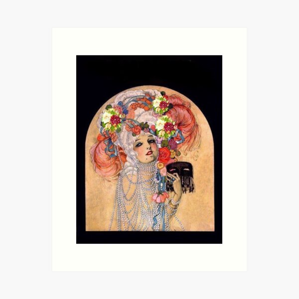 Aperçu de l'œuvre art déco mode restauré antique imprimer centre ville fleur cheveux collier masque créée et vendue par mysticladyart.