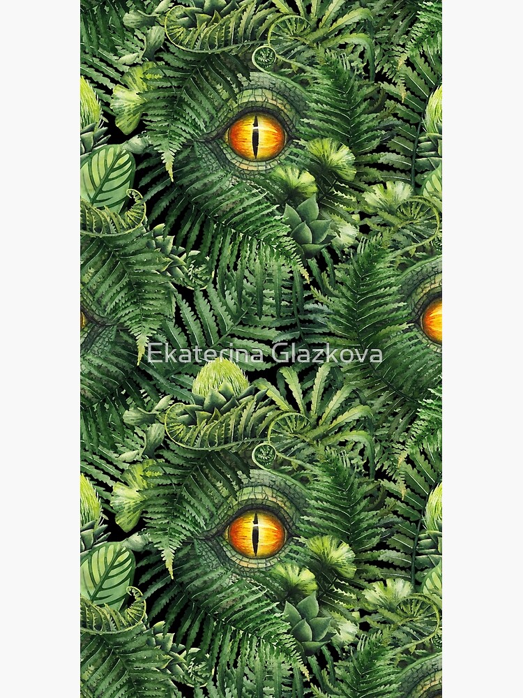 Watercolor dinosaur eye and prehistoric plants by Glazkova