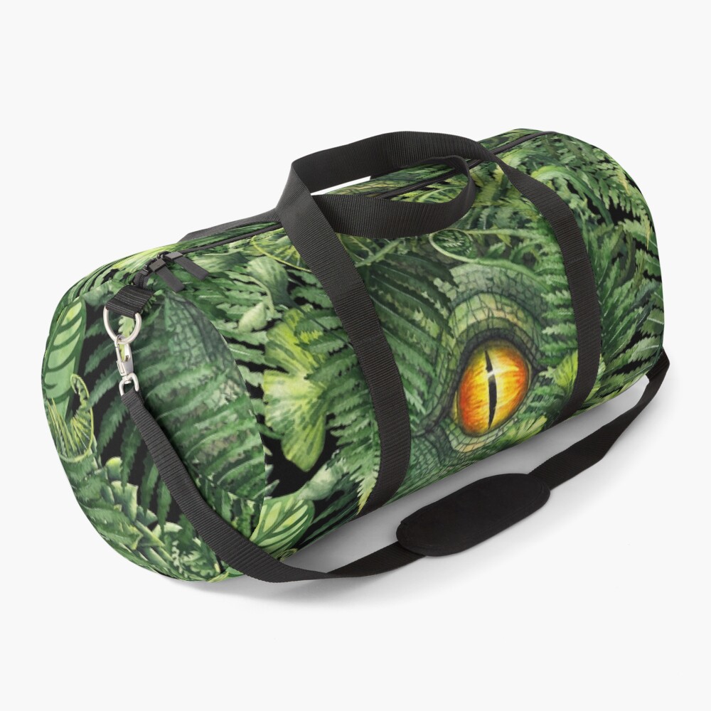 Watercolor dinosaur eye and prehistoric plants Duffle Bag