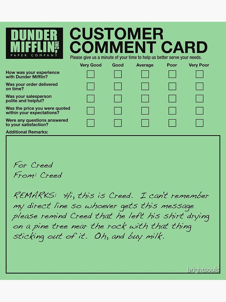 "Creeds customer comment card" Poster by brightsouls Redbubble