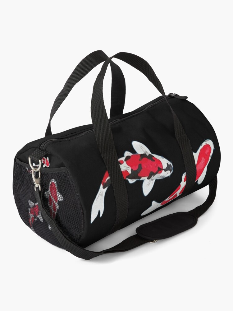 Duffle Bag, Koi Fish | Kuhaku Showa Sanke | Koi Fish Design | Black Background designed and sold by Koiartsandus