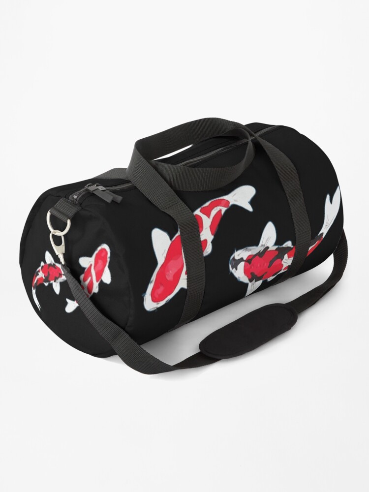 Thumbnail 1 of 3, Duffle Bag, Koi Fish | Kuhaku Showa Sanke | Koi Fish Design | Black Background designed and sold by Koiartsandus.