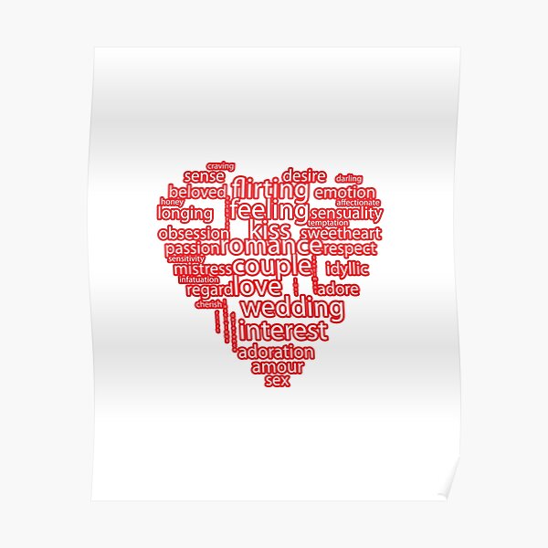 A Print With Many Printed Words About Love Create A Graphic Form Of A Heart  Symbol.